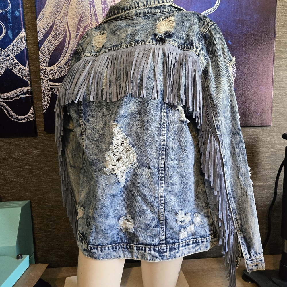 Brand new distressed fringe denim jacket